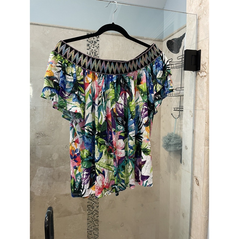 Boston Proper Off The Shoulder Floral Flutter Sleeve Top M Multi Metallic Smock